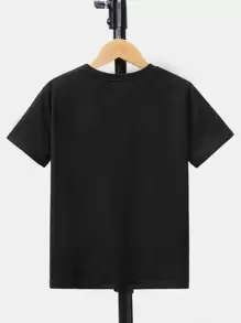 SHEIN 男大童休閒透氣舒適寬鬆T恤帶字母圖案 - 黑色 - 查看 2
