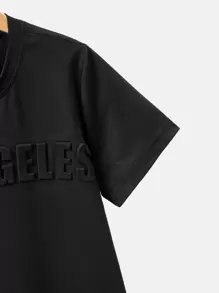 SHEIN 男大童休閒透氣舒適寬鬆T恤帶字母圖案 - 黑色 - 查看 3