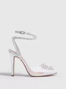 CUCCOO SZL 女士鞋子，鑽石點綴，尖頭細跟踝帶銀色泵，適用於春夏假期鞋子夏季促銷，優雅高跟鞋