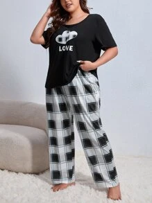 Plus Letter & Heart Print Tee & Plaid Trousers PJ Set - Black and White - View 5