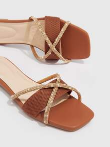 CUCCOO TILAWA Rhinestone Decor Criss Cross Slide Sandals - Brown - View 3