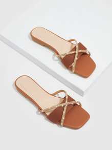 CUCCOO TILAWA Rhinestone Decor Criss Cross Slide Sandals - Brown - View 4