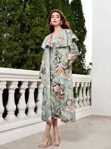 Modelyn Floral Print Open Front Coat & Dress - Mint Green - View 1
