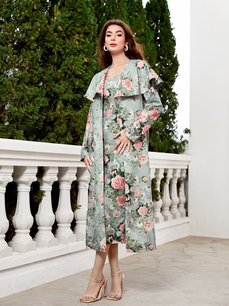 Modelyn Floral Print Open Front Coat & Dress - Mint Green - View 1