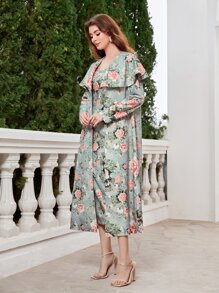 Modelyn Floral Print Open Front Coat & Dress - Mint Green - View 4