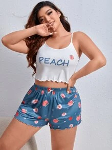 Plus Letter & Peach Print Lettuce Trim Bow Front PJ Set - Multicolor - View 4