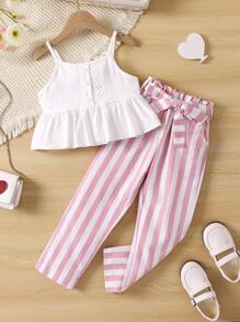 SHEIN Toddler Girls Eyelet Embroidery Ruffle Hem Cami Top & Striped Trousers - Multicolor - View 1