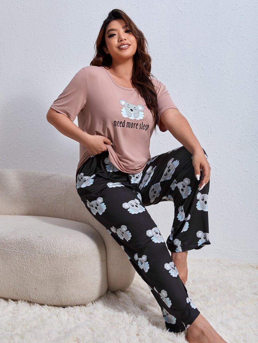 Conjunto de pijama con estampado de dibujos animados y letra - Multicolor - Ver 1