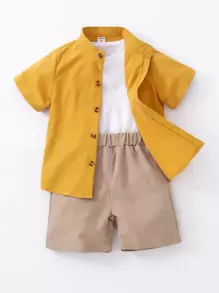 小男童前紐扣襯衫和短褲和T恤 - 黃色 - 查看 1