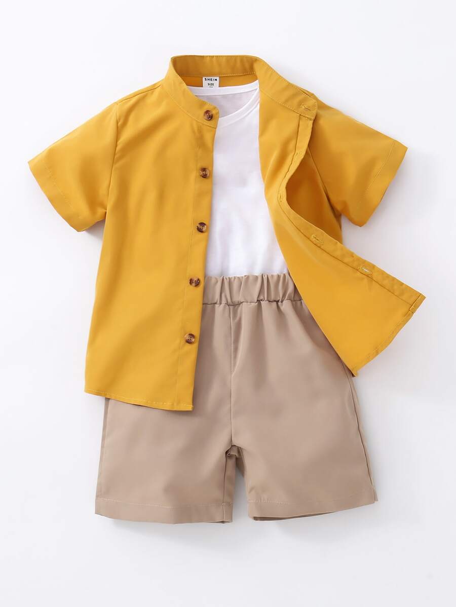 小男童前紐扣襯衫和短褲和T恤 - 黃色 - 查看 1