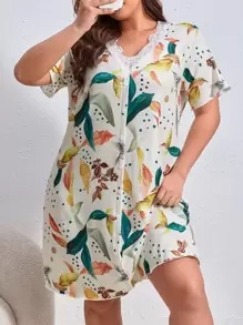 Plus Leaf Print Contrast Lace Nightdress - Multicolor - View 1