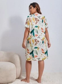 Plus Leaf Print Contrast Lace Nightdress - Multicolor - View 2