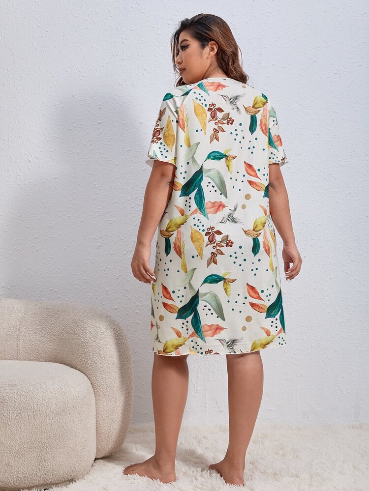 大碼樹葉印花蕾絲拼接睡裙 - 彩色 - 查看 2