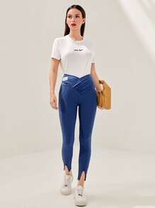 Mulvari Ruched Detail Split Hem Leggings - Blue - View 3