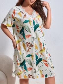 Plus Leaf Print Contrast Lace Nightdress - Multicolor - View 3