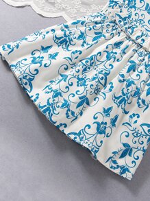 Toddler Girls Floral Print Ruffle Trim Dress - Blue and White - View 3