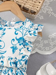 Toddler Girls Floral Print Ruffle Trim Dress - Blue and White - View 4