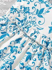 Toddler Girls Floral Print Ruffle Trim Dress - Blue and White - View 5