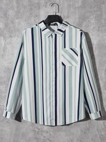 Manfinity Men Plus Striped Print Pocket Patched Shirt - Multicolor - View 1