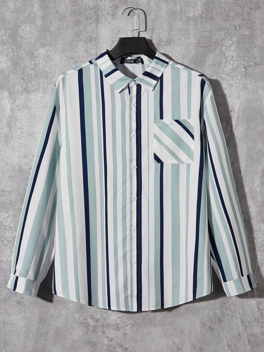 Manfinity Men Plus Striped Print Pocket Patched Shirt - Multicolor - View 1