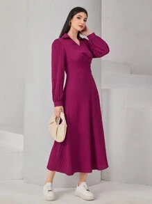 Mulvari Solid V-collar Lantern Sleeve Dress - Red Violet - View 1