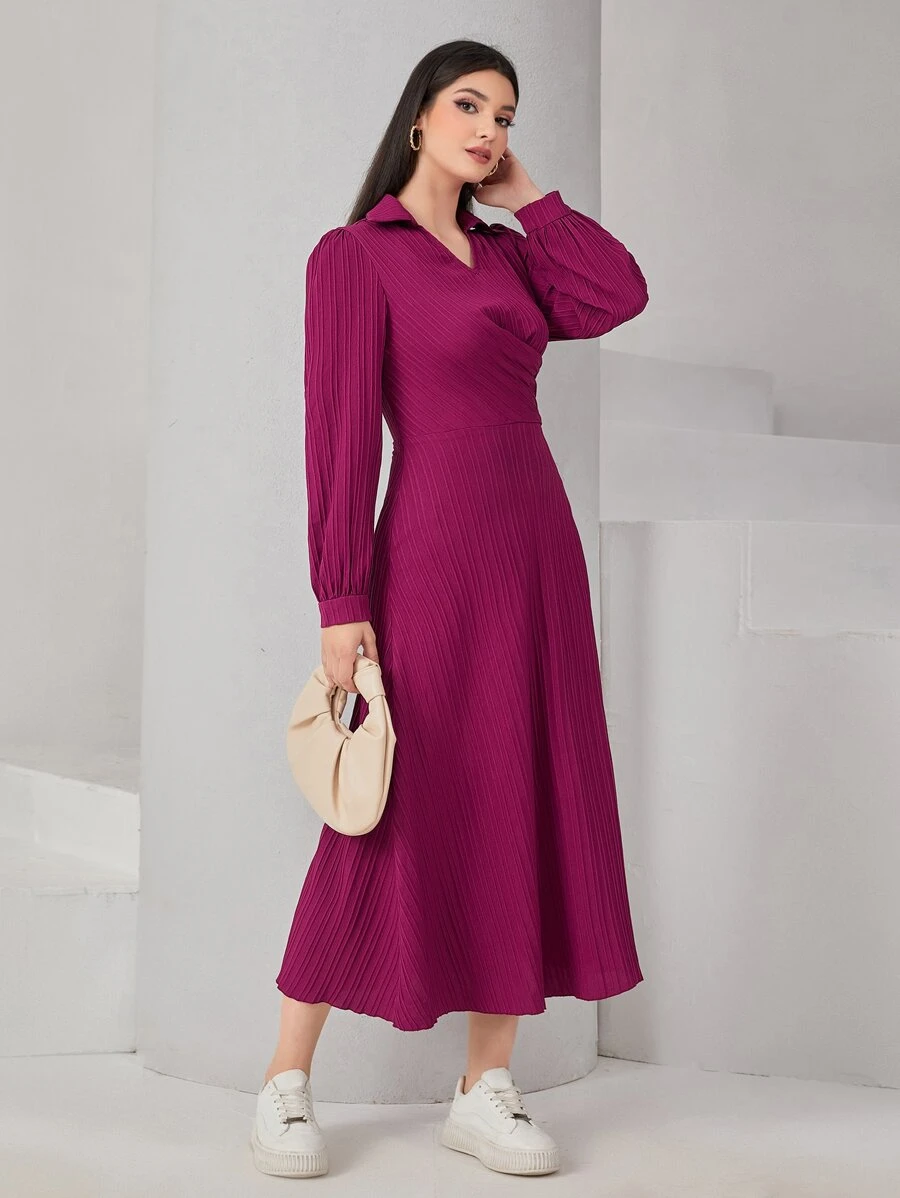Mulvari Solid V-collar Lantern Sleeve Dress - Red Violet - View 1