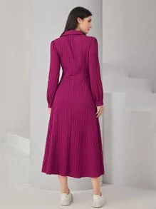 Mulvari Solid V-collar Lantern Sleeve Dress - Red Violet - View 2