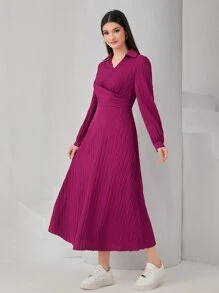 Mulvari Solid V-collar Lantern Sleeve Dress - Red Violet - View 4