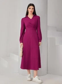 Mulvari Solid V-collar Lantern Sleeve Dress - Red Violet - View 5