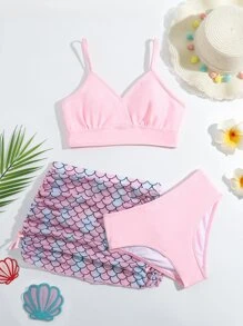 Tween Girl Fish Scale Print Bikini Set With Beach Skirt Summer Beach - Baby Pink - View 5