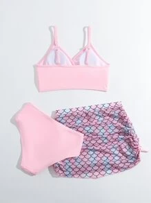 Tween Girl Fish Scale Print Bikini Set With Beach Skirt Summer Beach - Baby Pink - View 2