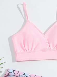 Tween Girl Fish Scale Print Bikini Set With Beach Skirt Summer Beach - Baby Pink - View 3