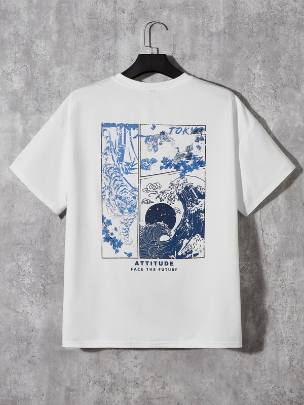 Manfinity RebelGame Maglietta casual a maniche corte da uomo oversize con stampa grafica di slogan e onde, regalo per il fidanzato