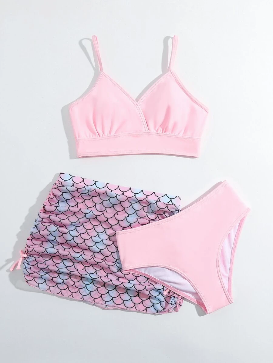 Tween Girl Fish Scale Print Bikini Set With Beach Skirt Summer Beach - Baby Pink - View 1