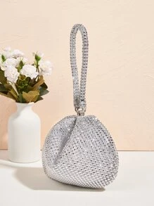轻巧，商务休闲水钻装饰水桶包迷你抽绳设计，透明包仿珍珠包晚宴包，晚餐包迷人，优雅，精致，安静的奢华水钻适合派对女孩，女人，新娘非常适合派对，晚宴/宴会圣诞派对礼服，迷人的水钻包 - 銀色 - 查看 8