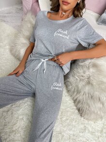 字母圖案T恤和褲子睡衣套裝 - 淺灰色 - 查看 4