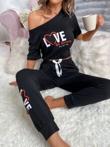 Heart & Letter Graphic Asymmetrical Neck Knot Front Lounge Set - Black - View 1