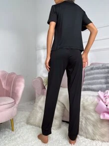 Heart & Letter Graphic Asymmetrical Neck Knot Front Lounge Set - Black - View 2