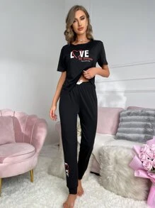 Heart & Letter Graphic Asymmetrical Neck Knot Front Lounge Set - Black - View 3
