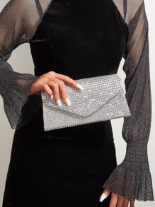 金屬亮絲金光閃閃,亮片,奢華,閃亮水鑽裝飾鏈條翻蓋方包優雅金屬亮絲晚會包,女士魅力四射手拿包帶鏈子,時髦錢包適合派對和婚禮,完美新娘錢包適合婚禮,舞會和派對活動 - 銀色 - 查看 1