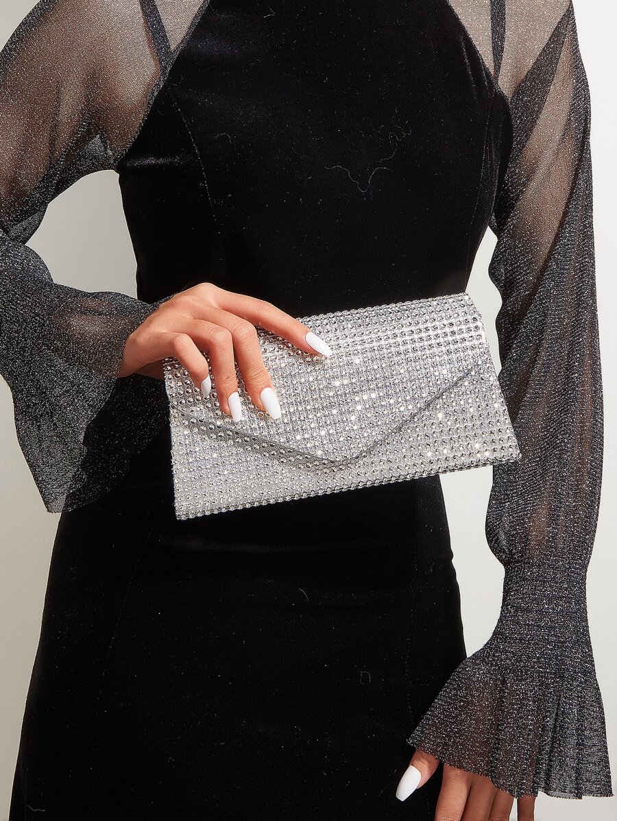 金屬亮絲金光閃閃,亮片,奢華,閃亮水鑽裝飾鏈條翻蓋方包優雅金屬亮絲晚會包,女士魅力四射手拿包帶鏈子,時髦錢包適合派對和婚禮,完美新娘錢包適合婚禮,舞會和派對活動 - 銀色 - 查看 1