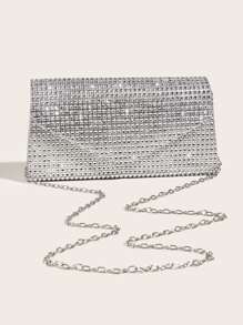 金屬亮絲金光閃閃,亮片,奢華,閃亮水鑽裝飾鏈條翻蓋方包優雅金屬亮絲晚會包,女士魅力四射手拿包帶鏈子,時髦錢包適合派對和婚禮,完美新娘錢包適合婚禮,舞會和派對活動 - 銀色 - 查看 2