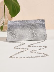 金屬亮絲金光閃閃,亮片,奢華,閃亮水鑽裝飾鏈條翻蓋方包優雅金屬亮絲晚會包,女士魅力四射手拿包帶鏈子,時髦錢包適合派對和婚禮,完美新娘錢包適合婚禮,舞會和派對活動 - 銀色 - 查看 5