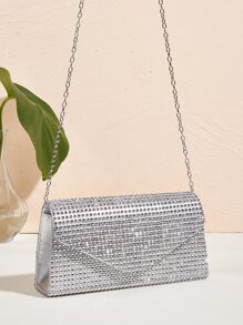 金屬亮絲金光閃閃,亮片,奢華,閃亮水鑽裝飾鏈條翻蓋方包優雅金屬亮絲晚會包,女士魅力四射手拿包帶鏈子,時髦錢包適合派對和婚禮,完美新娘錢包適合婚禮,舞會和派對活動 - 銀色 - 查看 7