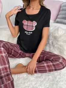 Plaid & Cartoon Graphic PJ Set - Multicolor - View 1