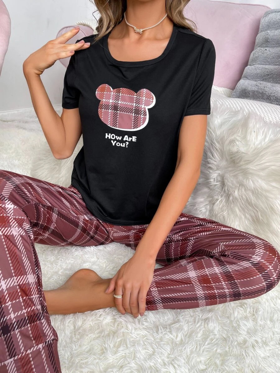Plaid & Cartoon Graphic PJ Set - Multicolor - View 1