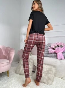 Plaid & Cartoon Graphic PJ Set - Multicolor - View 2