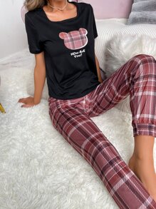 Plaid & Cartoon Graphic PJ Set - Multicolor - View 3