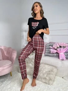 Plaid & Cartoon Graphic PJ Set - Multicolor - View 4