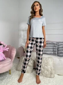 Letter Graphic Tee & Plaid Print Bow Front Trousers PJ Set - Multicolor - View 3